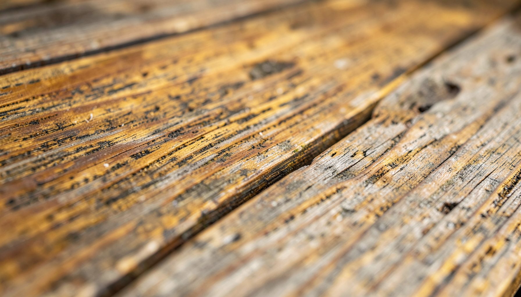 A close-up of weathered reclaimed wood planks in warm honey and grey-brown tones, softly lit from the side.