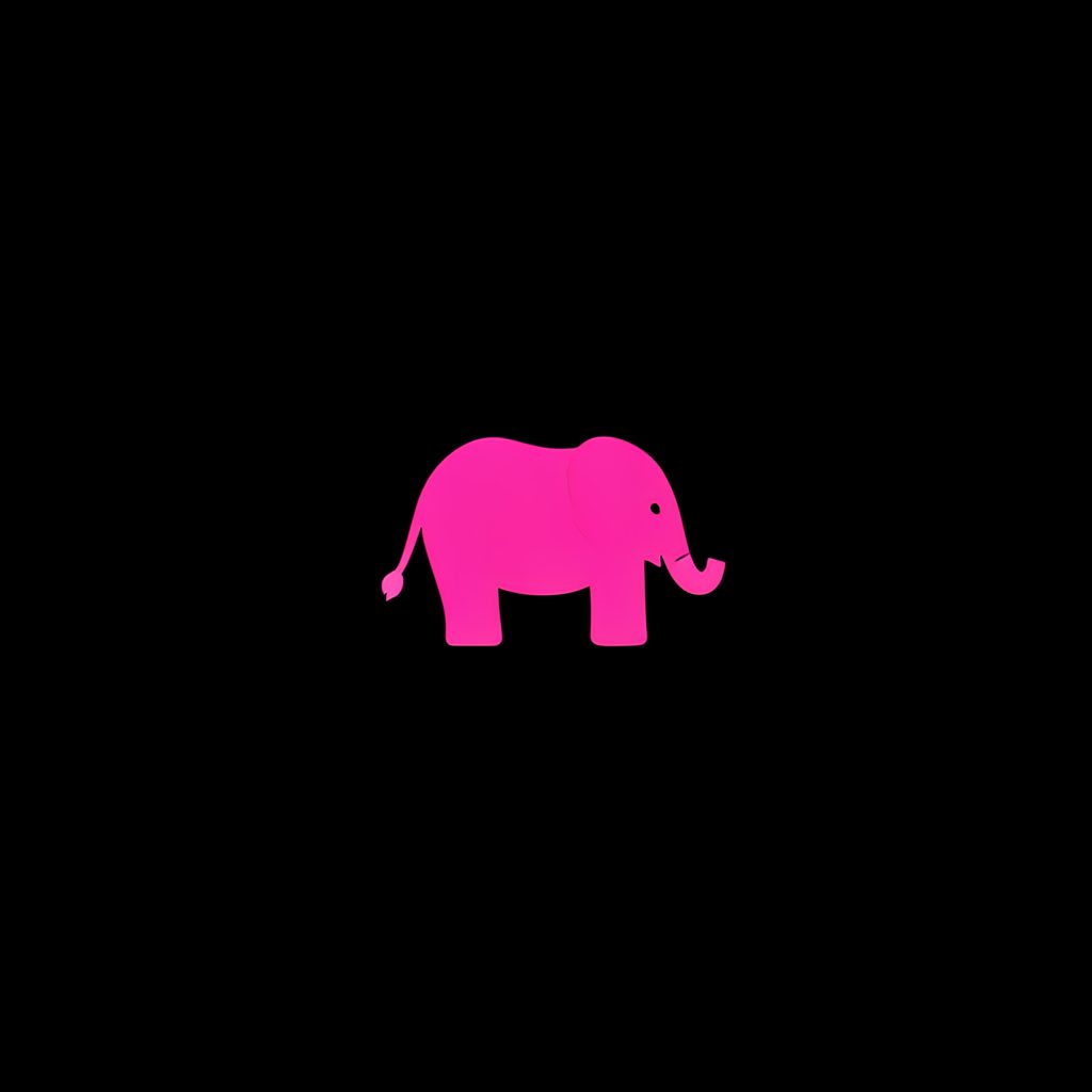 A small centered emblem in hot pink, a simple elephant silhouette on a black background.