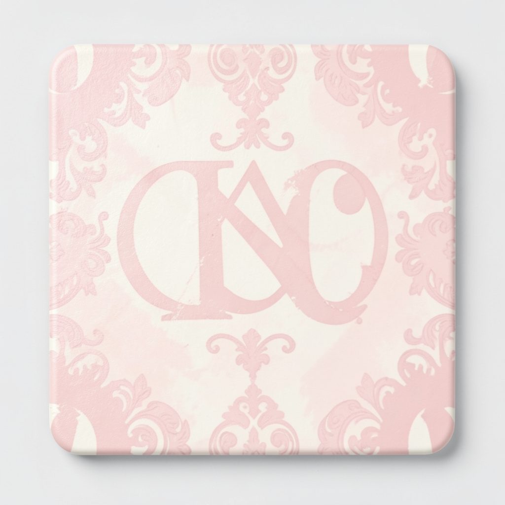 A square thumbnail with a soft pink and cream palette, hinting at monogram letters and decorative patterns on a light surface.
