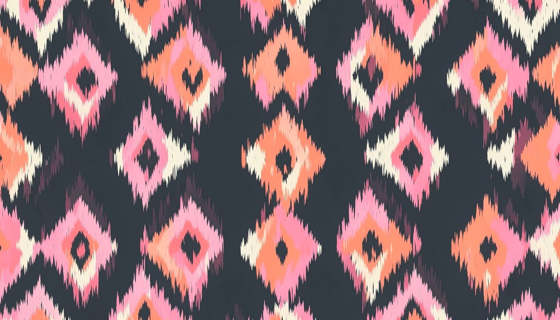 Abstract pattern of overlapping ikat diamonds in blush pink, coral, and cream against a dark charcoal background