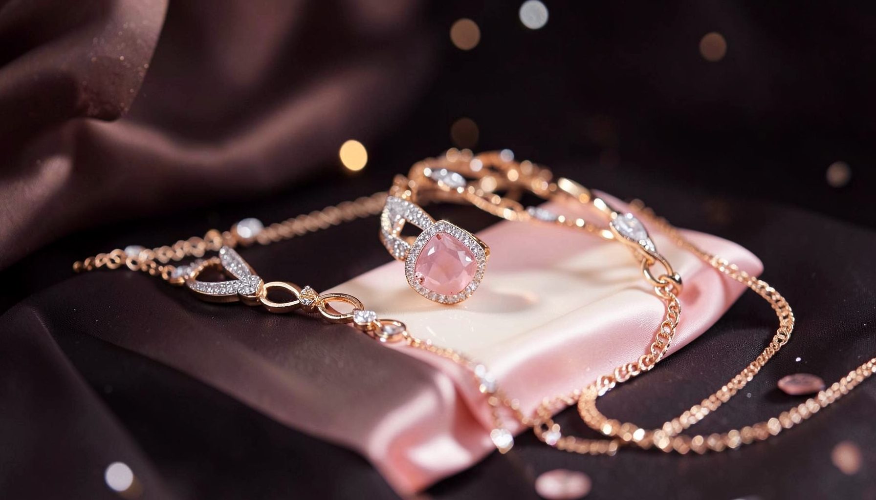 Soft pink and cream tones with a glamorous jewelry-meets-beauty mood, warm metallic accents and delicate pastel textures on a light surface